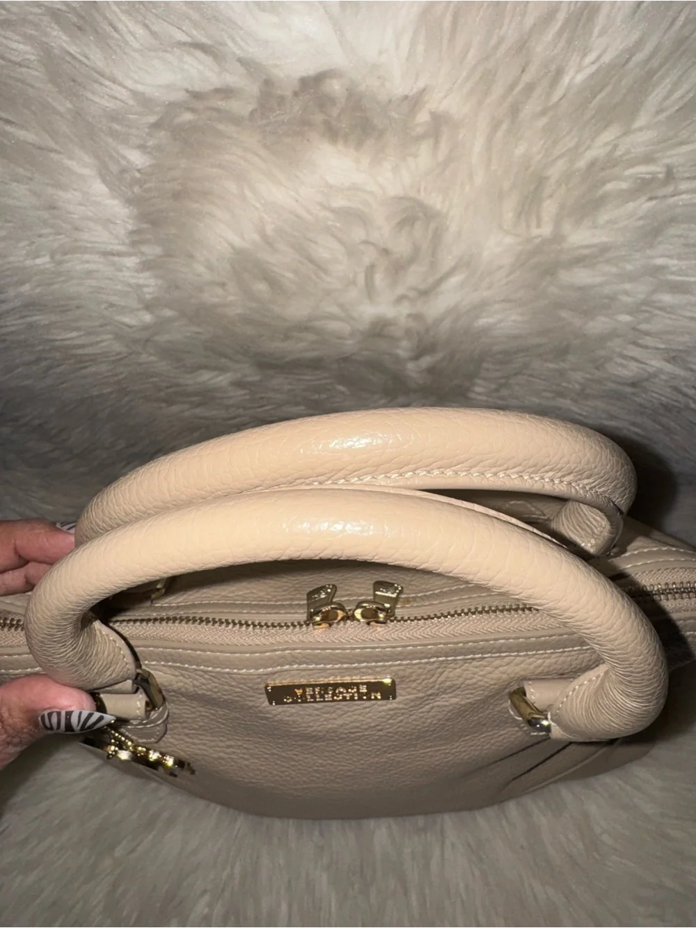 Versace Collection Taupe Pebbled Leather Satchel with Gold Hardware